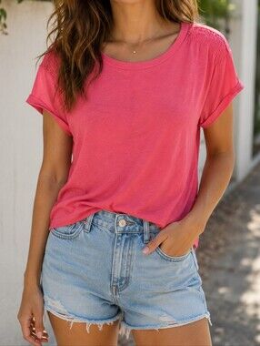 Talbots Linen Blend Pink Short Sleeve Top Lightweight Summer Casual Tee